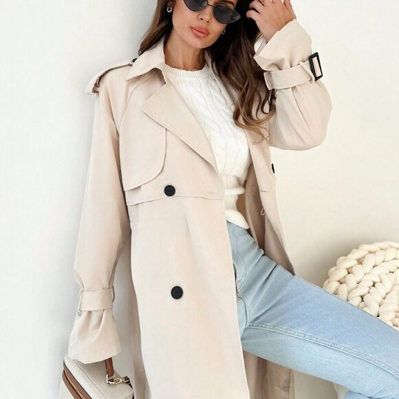 Khaki Elegant Women's Cinched Waist Double Breasted Mid-Length Trench Coat - Picture 3 of 8